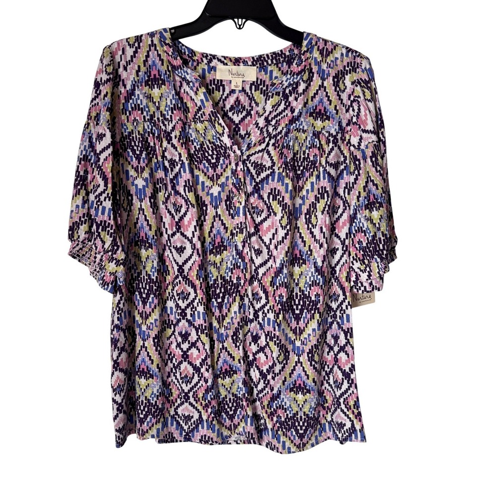 Nurture Westbound Blouse Boho Ikat Women Size L Multicolor Smocked Rayon